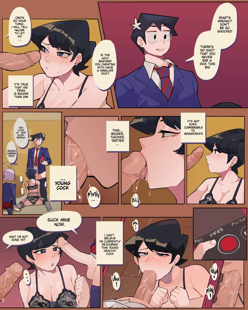 1boy 1girls ambiguous_gender bigger_female black_hair breasts cheating cheating_boyfriend cheating_wife comic cucked_by_femboy cucked_by_mother dialogue diforland english_text fellatio female femboy femboy_on_female femboy_with_female femboydom komi-san_wa_komyushou_desu komi_shuuko licking licking_penis looking_at_penis mature_female milf netorare ntr osana_najimi otoko_no_ko penis penis_awe penis_lick purple_hair short_hair small_but_hung straight tadano_hitohito text_box thighhighs younger_dom_older_sub