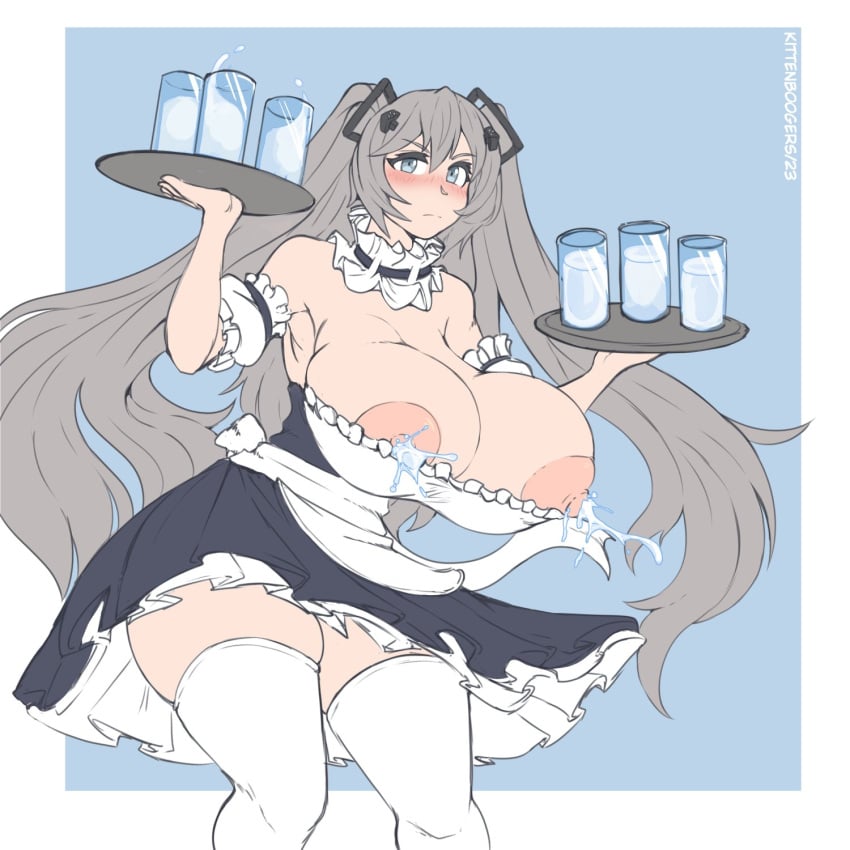 azur_lane bangs bare_shoulders blue_eyes blush breasts cup detached_collar detached_sleeves drinking_glass female grey_hair hair_between_eyes hair_ornament highres holding holding_tray huge_breasts intrepid_(azur_lane) kittenboogers lactation long_hair maid milk nipples simple_background thighhighs thighs tray white_thighhighs