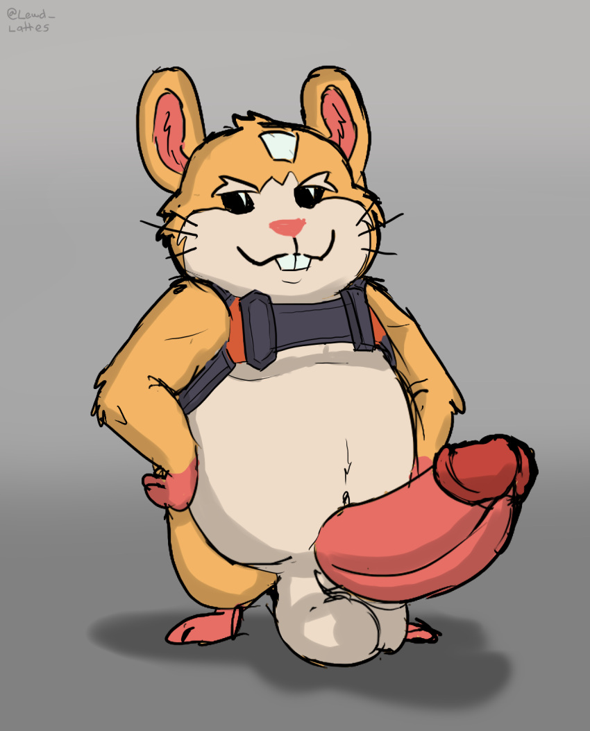 anthro big_penis black_eyes blizzard_entertainment cricetid erection fur genitals grey_background hammond_(overwatch) hamster harness hi_res lewd_latte male male_only mammal orange_body orange_fur overwatch overwatch_2 penis pink_penis rodent simple_background solo