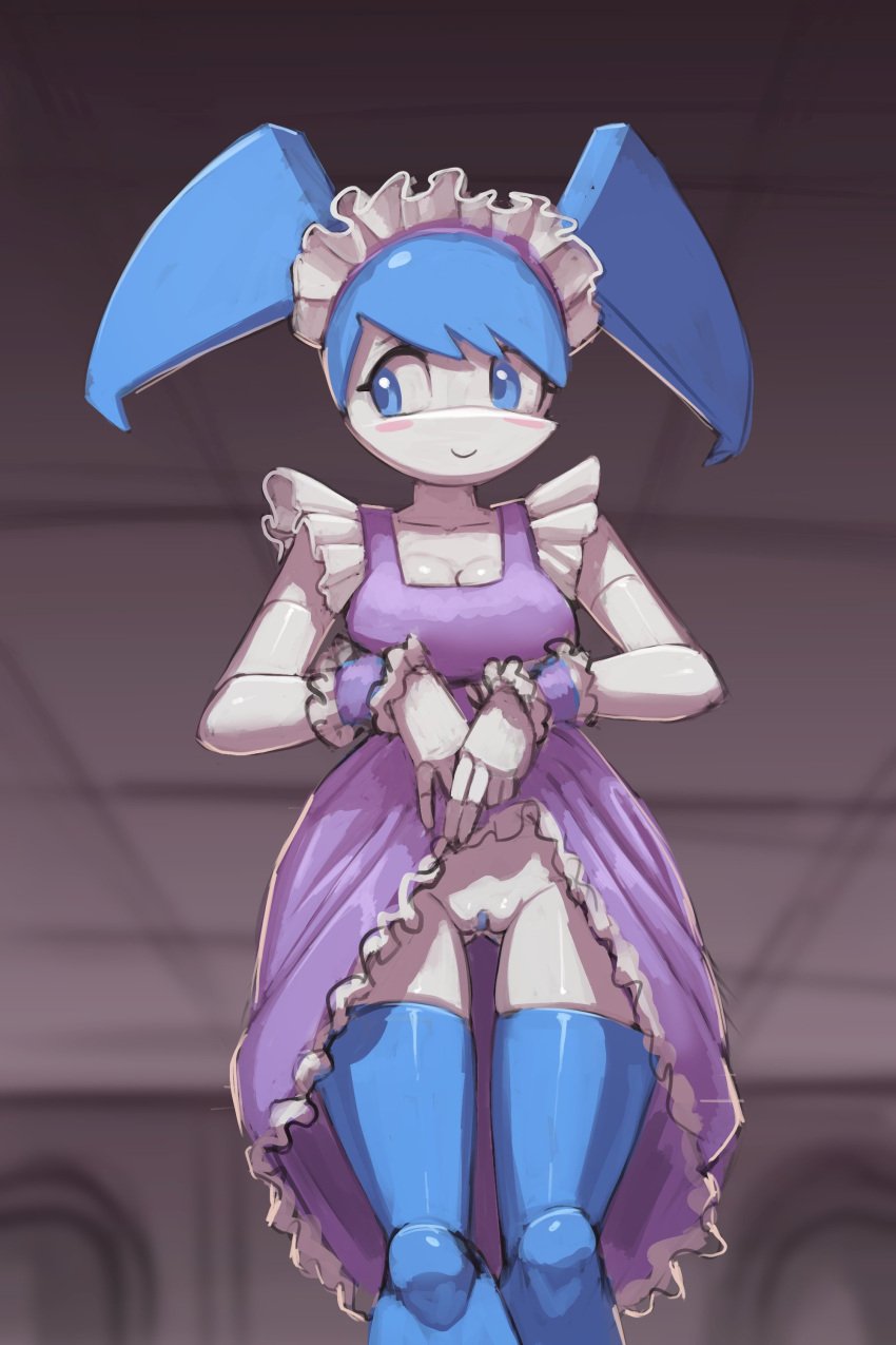 2023 absurd_res android blue_eyes blue_hair blush breasts cleavage clothed clothing clothing_lift dress dress_lift female flashing front_view gekasso genitals hair hi_res humanoid jenny_wakeman looking_aside machine maid maid_uniform my_life_as_a_teenage_robot nickelodeon no_underwear portrait presenting presenting_pussy purple_clothing purple_dress pussy robot robot_girl robot_humanoid smile solo solo_female standing three-quarter_portrait uniform white_body