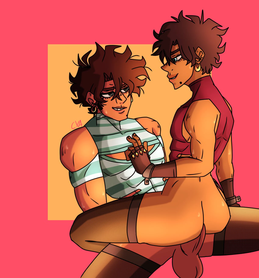 anal anal_sex ass brown_hair brown_skin chromexorannex femboy fit_male gay gay_sex jjba_oc joey_joestar male/male male_on_femboy oc original_character ourobouro sweat thighhighs yaoi