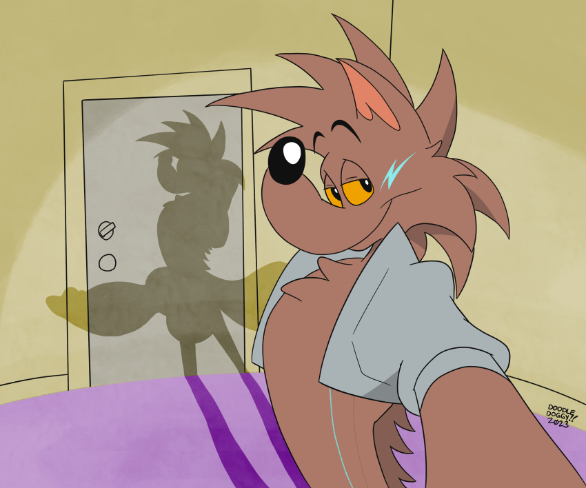 absurd_res bedroom_eyes big_penis canid canine clothing doodledoggy fox genitals grin hair hi_res huge_cock hyper hyper_genitalia hyper_penis jacket jacket_only mammal narrowed_eyes penis penis_shadow rexouium seductive selfie shadow smile spiky_hair toonkind toony topwear