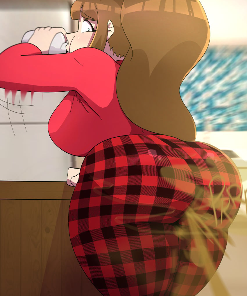 1girls big_ass big_butt billdenovo blue_eyes brown_hair bubble_butt drinking fart fart_cloud fart_fetish farting looking_back momo_(billdenovo) plaid ponytail rear_view red_pants solo_female standing thick_thighs