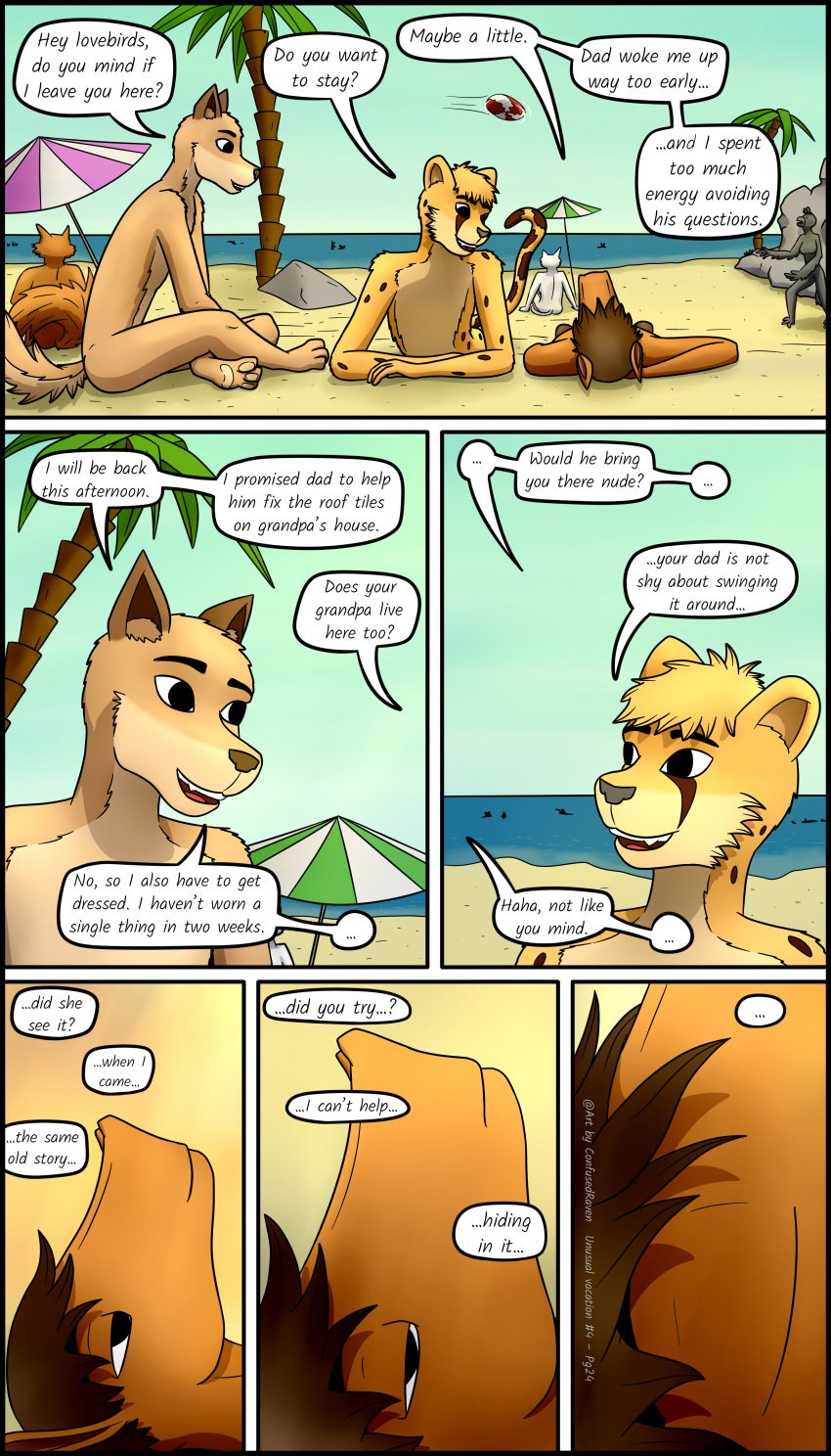 absurd_res anthro beach canid canine canis casual_nudity chapter_4 cheetah comic confusedraven dialogue domestic_dog equid equine falling_asleep felid feline group hi_res horse male male_only mammal nude nudist page_24 seaside sleeping