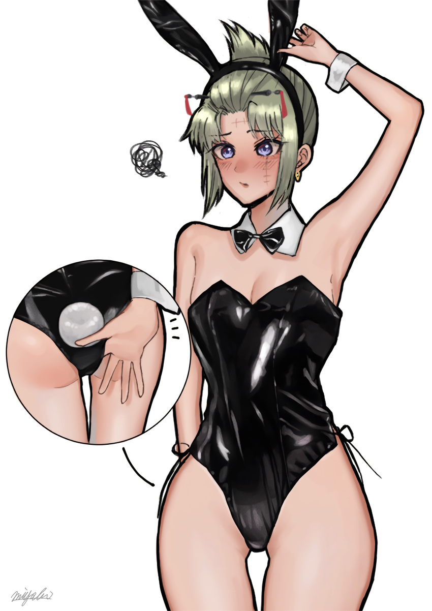 alternate_costume arm_up blonde_hair blush bowtie bunny_ears bunny_girl bunny_tail bunnysuit cleavage detached_collar embarrassed facial_scar female female_only gintama hair_ornament levi_0409 multiple_views playboy_bunny purple_eyes solo tied_hair tsukuyo wide_hips wrist_cuffs