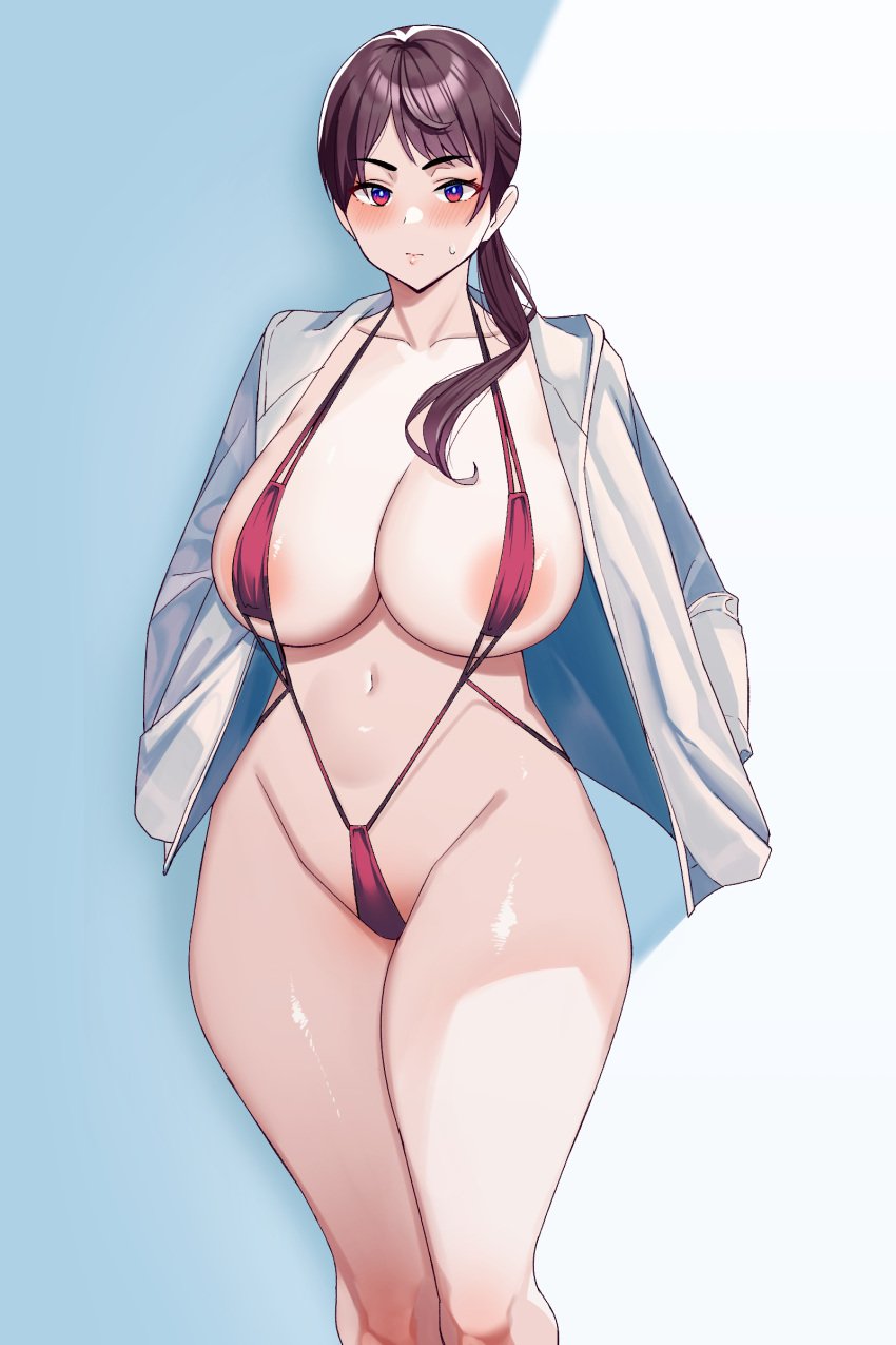 1girls 2022 absurdres areola_slip belly bikini blush breasts brown_hair c-kyuu collarbone highres hourglass_figure large_breasts looking_at_viewer mature mature_female milf navel open_clothes open_shirt original original_character ponytail red_bikini red_eyes shirt simple_background sling_bikini slingshot_swimsuit solo sweatdrop swimsuit thick_thighs thighs white_shirt wide_hips