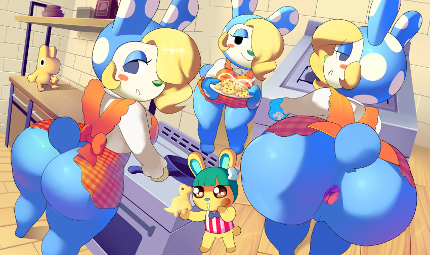 absurd_res aerth animal_crossing anthro anus apron apron_only ass big_butt blonde_hair clothing francine_(animal_crossing) fur furry genitals hair hi_res huge_butt lagomorph leporid looking_back mammal mostly_nude nintendo pussy rabbit sanrio snooty_villager toby_(animal_crossing)