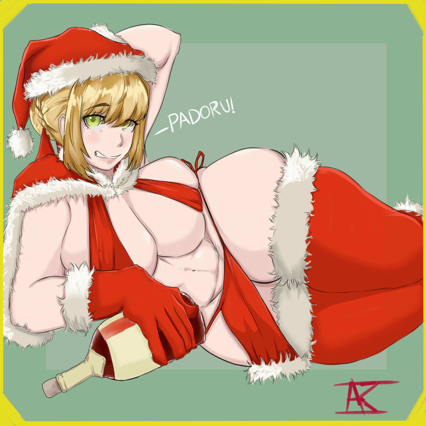 1girls adoniasfra big_breasts big_butt christmas_bikini christmas_outfit chubby chubby_female english_text erokrolion eyebrows_visible_through_hair fate/grand_order fate_(series) female nero_claudius_(fate) padoru padoru_(meme) questionable santa_hat text thick_thighs thighhighs yellow_hair