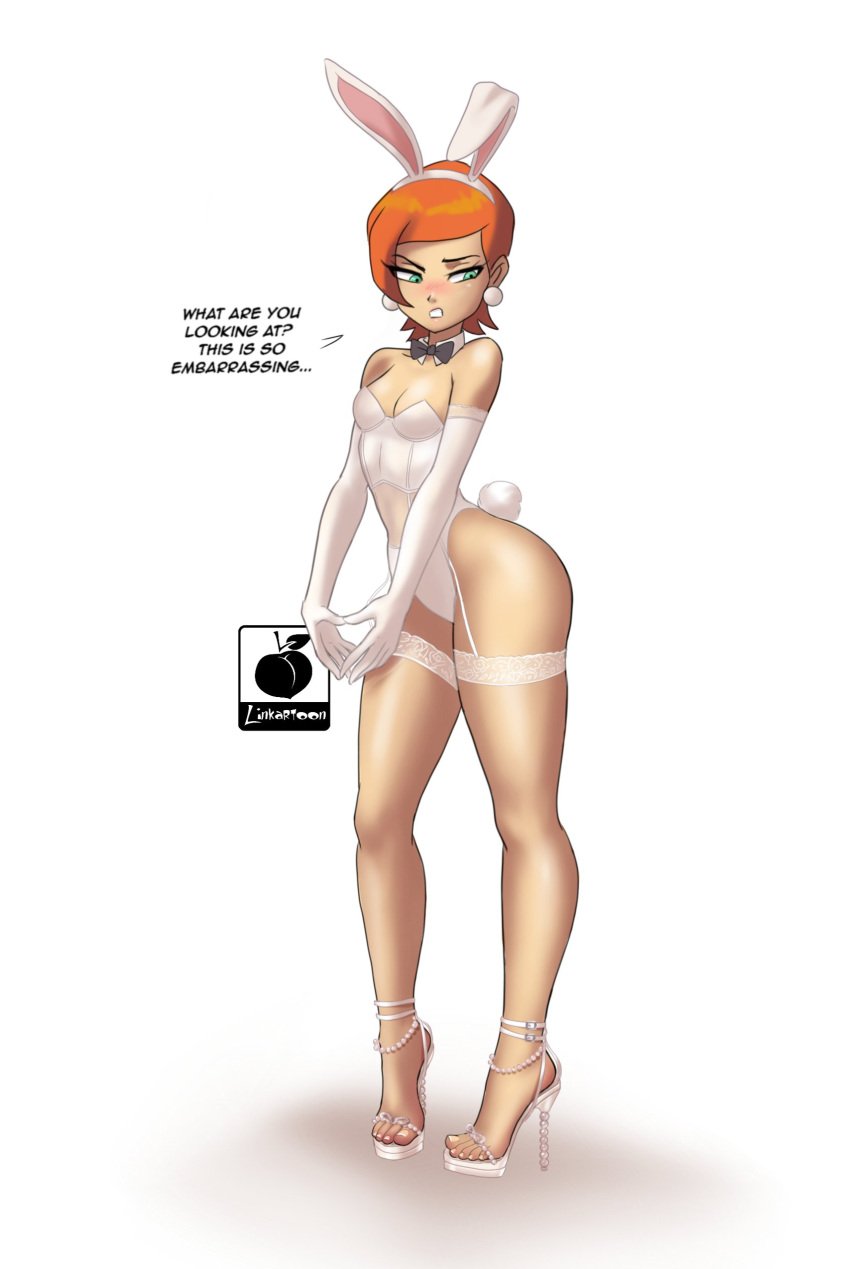 1girls ben_10 bunny_girl bunnysuit embarrassed english_text female female_only green_eyes gwen_tennyson gwen_tennyson_(classic) high_heels linkartoon long_legs orange_hair short_hair small_breasts solo stiletto_heels stockings text very_high_heels white_background