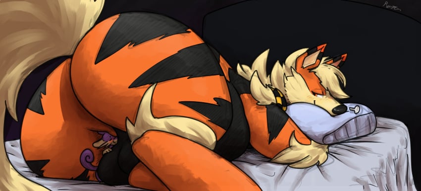 anthro arcanine ass balls bed bedroom_eyes belly big_belly big_butt blush breath canid duo feral fur furniture generation_1_pokemon genitals hi_res laying_on_balls looking_back looking_pleasured lying macro male male_only mammal murid murine narrowed_eyes nintendo on_bed on_side orange_body orange_fur pokemon pokemon_(species) raised_tail raster_dreams rat rattata red_eyes rodent seductive signature size_difference smile tail under_butt