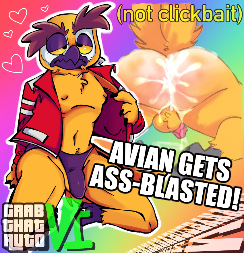 absurd_res after_sex anthro ass avian balls banana_bus_squad barely_contained barely_contained_balls beak big_butt bird bodily_fluids bulge clothing cum cum_in_ass cum_inside cum_on_butt feathers fluffy_balls genital_fluids genitals gradient_background heart hi_res jacket male nipples owl penis rainbow_background rainbow_gradient salamikii simple_background solo thong topwear underwear vanoss yellow_body yellow_feathers youtuber