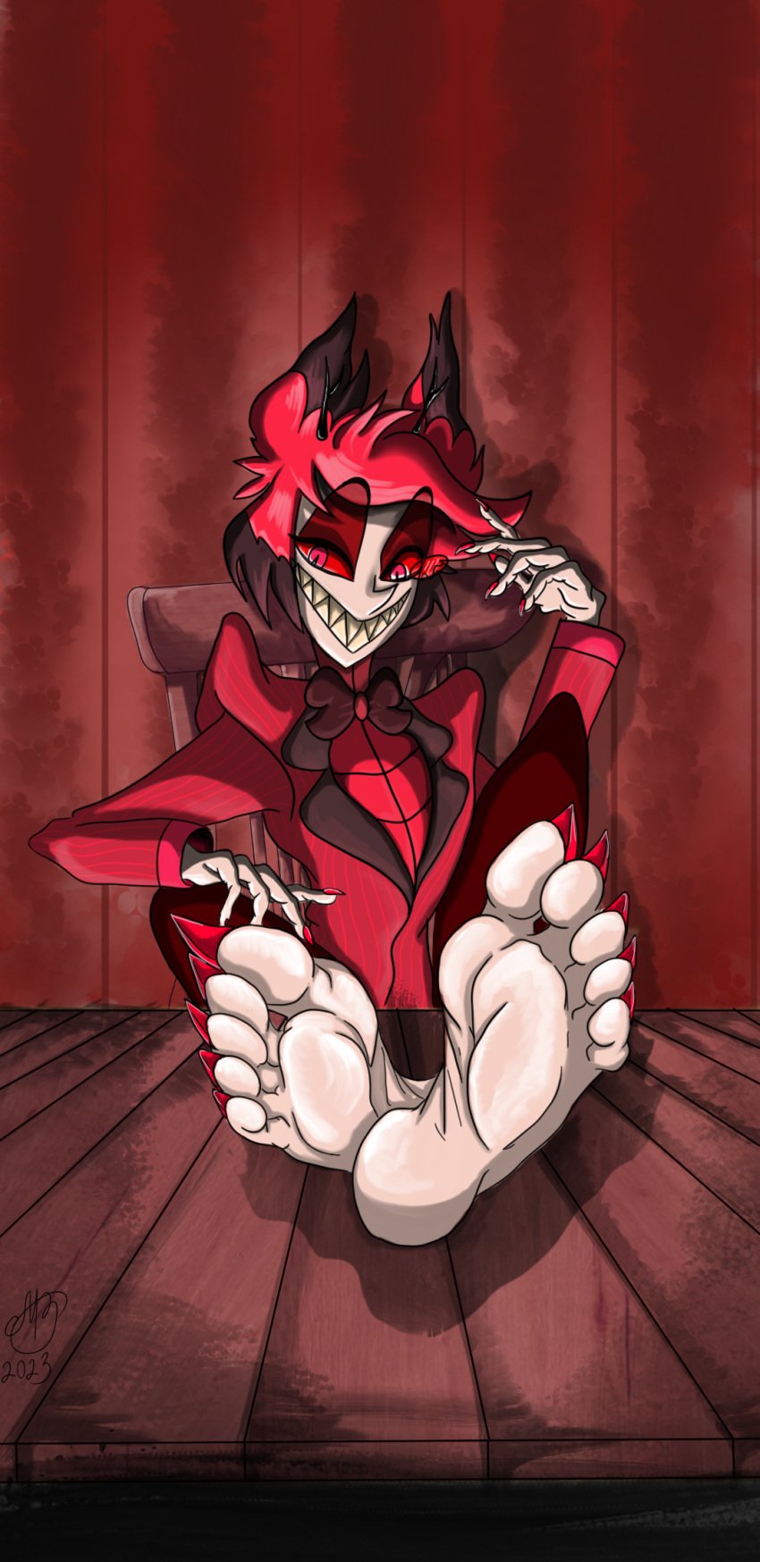 alastor_(hazbin_hotel) barefoot feet foot_fetish foot_focus hazbin_hotel maryxlake presenting_feet red_ears red_eyes red_hair red_toenail_polish red_toes scapulari sharp_toenails soles toe_claws toes