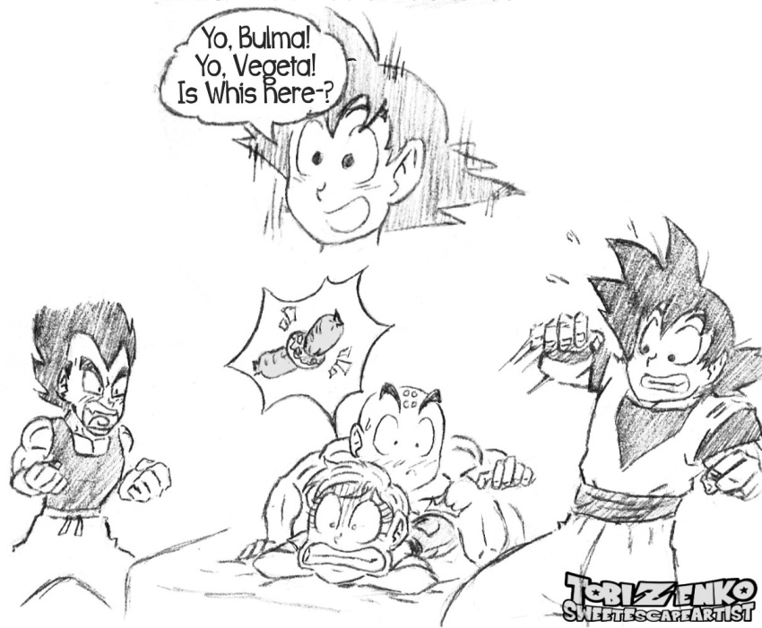 anal_sex bald black_and_white black_hair bulma_briefs cheating dragon_ball dragon_ball_super dragon_ball_z from_behind krillin kuririn sex son_goku sweetescapeartist vegeta