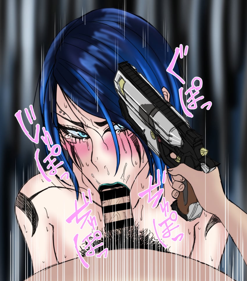 1boy 1girls :>= absurdres apex_legends bar_censor blue_eyes blue_hair blush catalyst_(apex_legends) censored crying crying_with_eyes_open electronic_arts fellatio female firearm forced forced_oral green_lips gun gun_to_head handgun highres holding holding_gun holding_weapon kojikoji_(30567503) lipstick makeup male/female nude oral penis pov pubic_hair rape respawn_entertainment revolver running_makeup runny_makeup short_hair straight sweat tears threat weapon