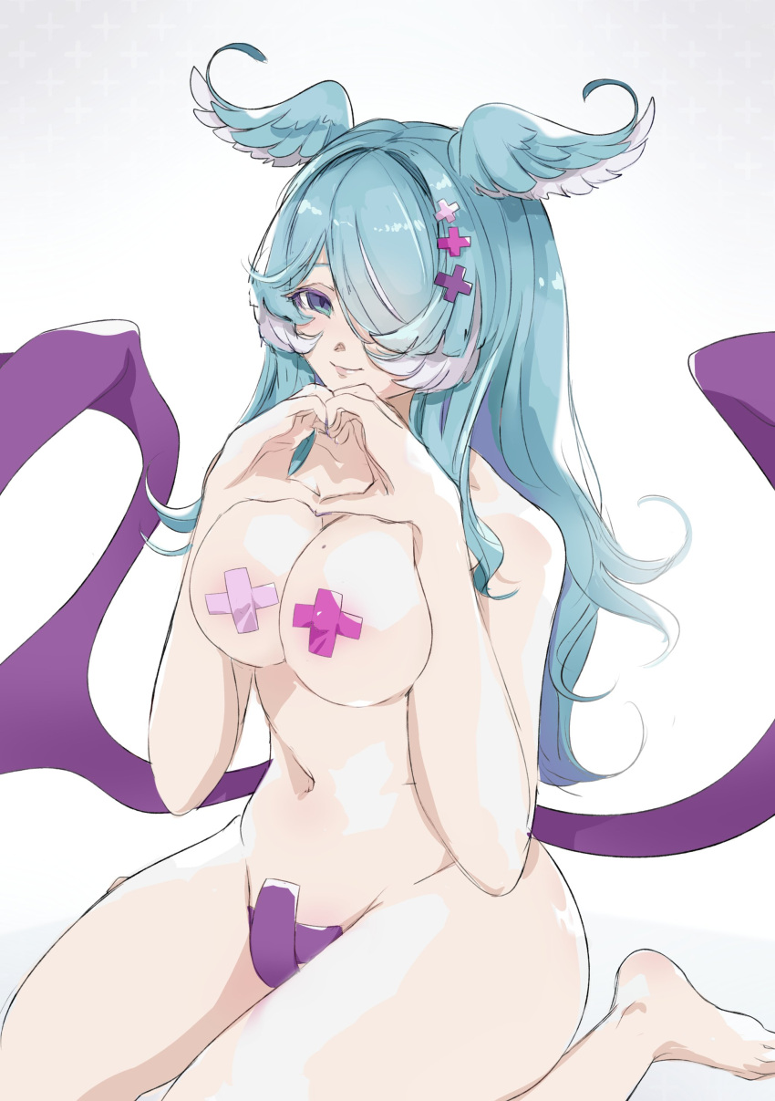 blue_hair dragon_girl elira_pendora feet hair_over_one_eye head_wings heart_hands mole_on_breast navel nelly_(altsarespicy) nijisanji nijisanji_en nude nude_female pasties pushing_breasts_together smile taped_nipples taped_pussy thick_thighs virtual_youtuber wings