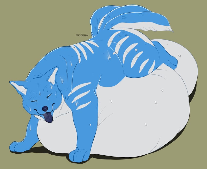 3_tails artist_name balls belly big_balls big_belly blue_body blue_fur blue_nose blue_tongue canid closed_eyes feral fur genitals green_background hi_res huge_balls huge_belly hyper hyper_balls hyper_belly hyper_genitalia male mammal multi_tail open_mouth roobin simple_background solo striped_back striped_legs stripes tail tongue tongue_out white_body white_fur white_stripes