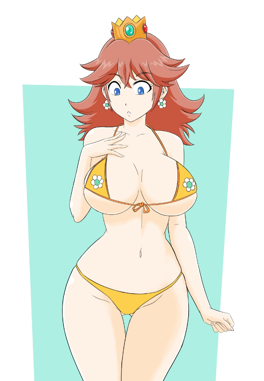 1girls big_breasts bikini blue_eyes breasts brown_hair busty cleavage crown curvy earrings female female_only flower_earrings front-tie_bikini highres jewelry large_breasts legs looking_down mario_(series) navel nintendo orange_hair princess princess_daisy short_hair simple_background solo swimsuit thigh_gap thighs voluptuous yellow_bikini