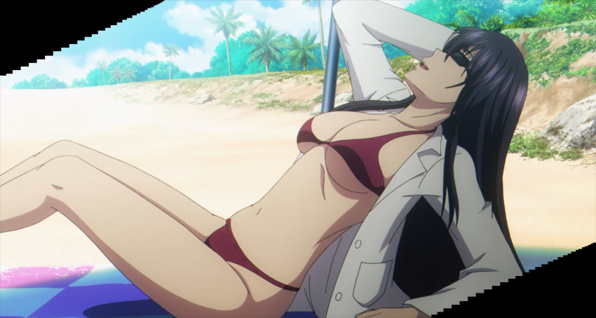 1girls arm_support big_breasts bikini breasts busty cleavage female female_only highres labcoat large_breasts legs long_hair magatoki_kato navel open_labcoat pose posing red_bikini screencap sensual smile solo stitched strike_the_blood sunglasses swimsuit thighs third-party_edit tinted_eyewear underboob voluptuous