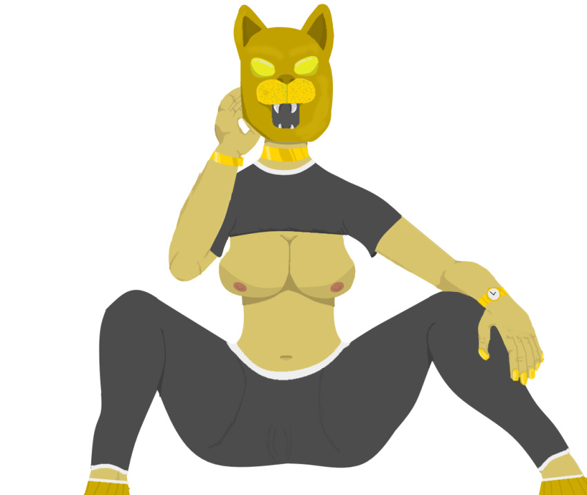 big_breasts bracelet gold_(metal) gold_jewelry jenny_(oc) looking_at_viewer mask masked_female neckwear panther pants shirt_up watch