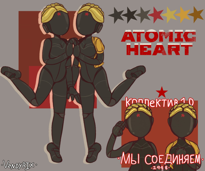 2girls atomic_heart big_breasts chibi clasped_hands cute golden_hair grasping_hands gynoid hand_holding hands_over_chest holding_hands left_(atomic_heart) navel no_clothes nude_female open_jacket red_star right_(atomic_heart) robot robot_girl salute short_hair the_twins_(atomic_heart) vandyrix