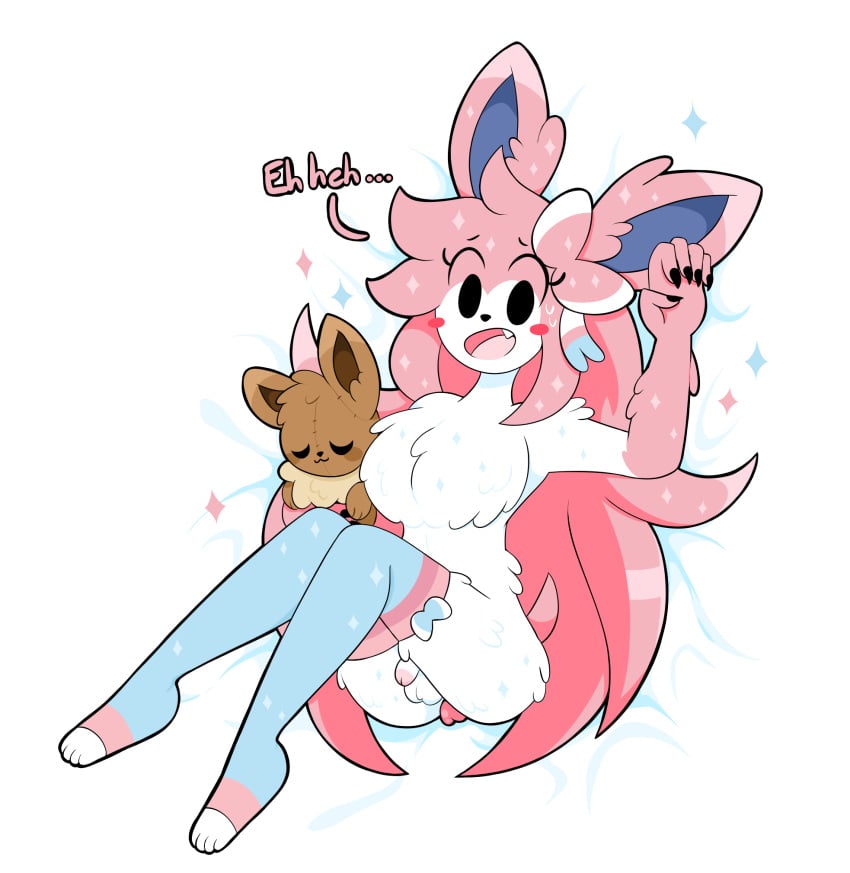 anthro blush bodily_fluids clothing colored digital_drawing_(artwork) digital_media_(artwork) eeveelution english_text femboy fluffy generation_6_pokemon genitals girly hair hi_res legwear lying male male_only male_sylveon nintendo on_back penis pink_hair plushie pokemon pokemon_(species) rex_santos small_penis solo stockings sweat sylveon text