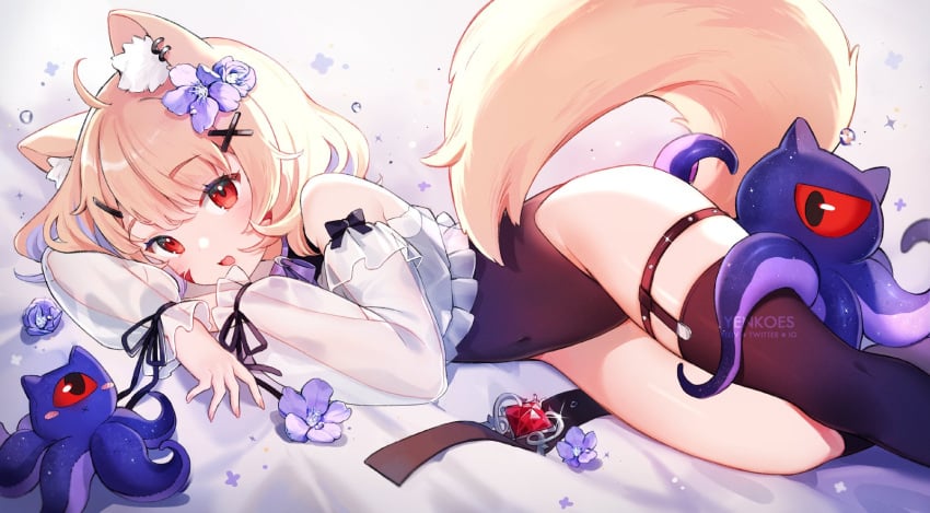 1girl ahoge animal animal_ear_fluff animal_ears bangs bare_shoulders black_legwear black_leotard blonde_hair blue_flower blush bow cat_ears cat_tail catgirl covered_navel detached_sleeves eyebrows_visible_through_hair flower food fox_ears fox_tail frills hair_between_eyes hair_flower hair_ornament leotard long_sleeves looking_at_viewer lying on_side puffy_long_sleeves puffy_sleeves red_eyes rose see-through shirt short_hair single_thighhigh sleeves_past_wrists smile solo squchan_(vtuber) tail thigh_strap thighhighs tongue tongue_out virtual_youtuber vyugen white_shirt yenkoes