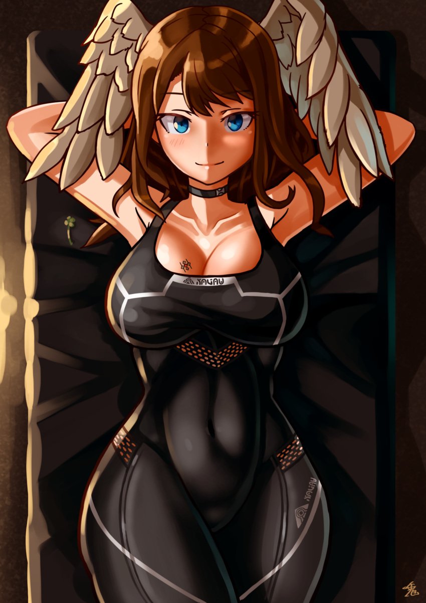 1girls angel_wings armpits arms_behind_head big_breasts blue_eyes bodysuit breasts brown_hair busty child_bearing_hips cleavage covered_navel curvy eunie_(xenoblade) feathered_wings feathers female female_only head_wings highres large_breasts legs looking_at_viewer lying oniisan02b pose posing sensual short_hair smile solo tattoo thick_thighs thighs voluptuous white_feathers wings xenoblade_(series) xenoblade_chronicles_3