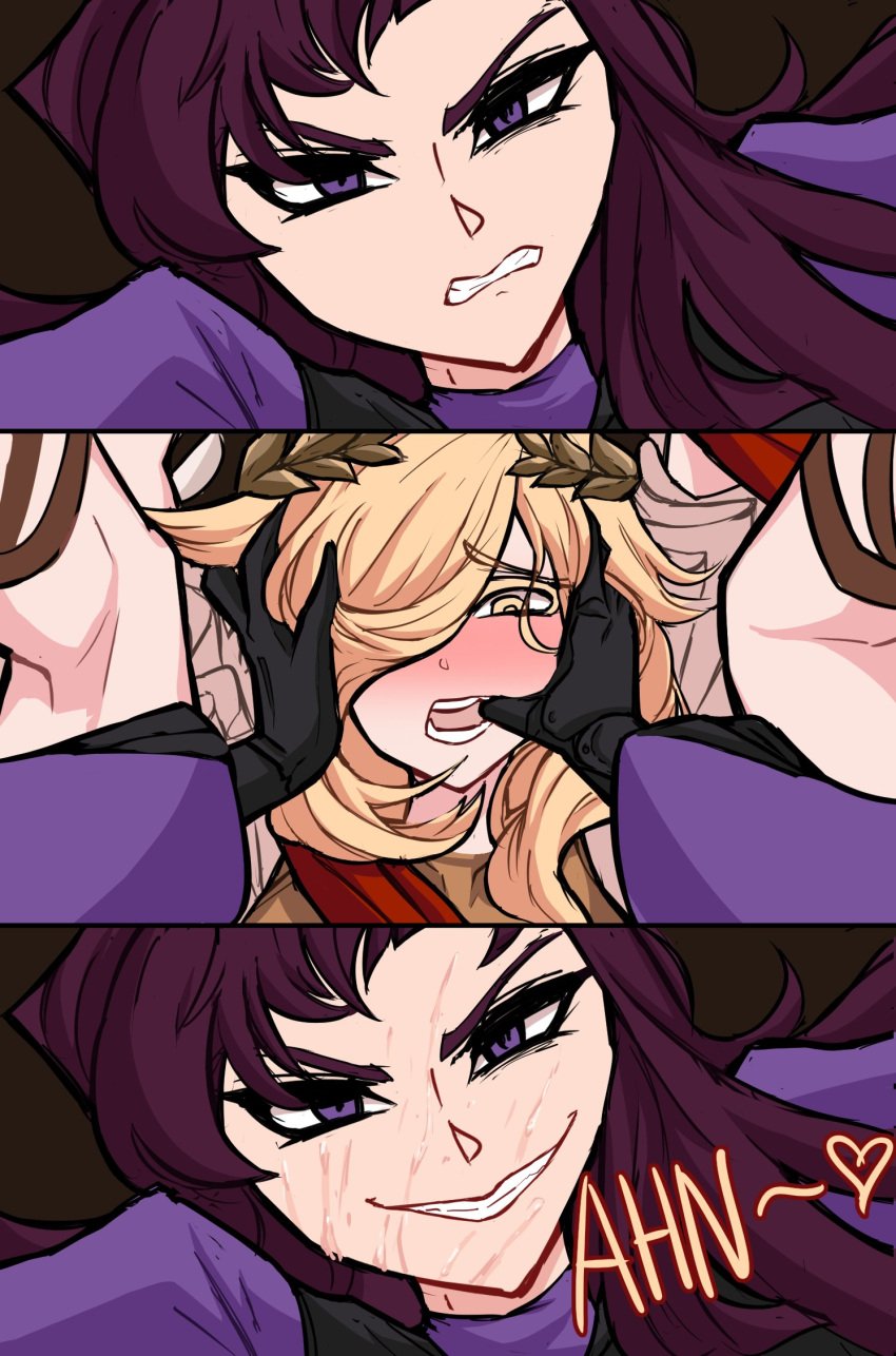 2girls 3_panel_comic centurii-chan comic female_only female_orgasm femdom femsub finger_in_another's_mouth legate-chan_(centurii-chan) long_hair meme moan orgasm praetorian-chan_(centurii-chan) smile suggestive_fluid thumb_in_mouth yuri