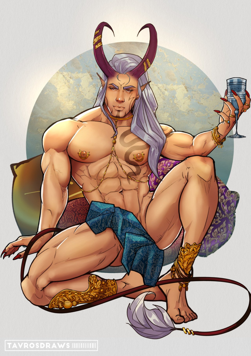 
 covering_crotch cup horns ichabod_(demondaddyx) male male_only markings muscles muscular muscular_male pierced_nipples smooth_chest smooth_skin spread_legs tail tattoos tavrosdraws teasing twitter_user_oc