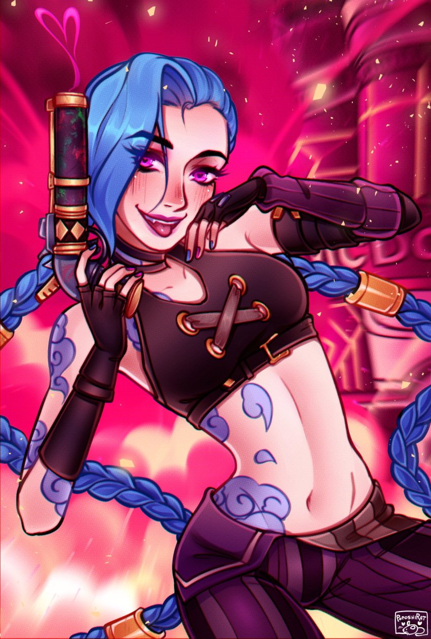 1girls 2023 absurd_res absurdres alternate_version_at_source alternate_version_available arcane arcane_jinx arm_gloves arm_tattoo artist_logo artist_name black_topwear blue_hair blue_nail_polish blue_nails blurry_background blush blushing braided_hair braided_twintails cheek_blush chest_tattoo elbow_gloves explosion exposed_navel eyebrows_visible_through_hair eyelashes_visible_through_hair eyes_visible_through_hair female female_focus female_only fingerless_armwear fingerless_elbow_gloves fingerless_gloves gun heart-shaped_pupils high_resolution highres hip_tattoo holding_gun holding_weapon jinx_(league_of_legends) laser_gun league_of_legends light-skinned_female light_skin long_hair looking_at_viewer nose_blush pale-skinned_female pale_skin pink_nail_polish pink_nails poposhirat purple_bottomwear purple_eyes purple_legwear purple_pants riot_games shoulder_tattoo single_glove small_breasts solo tattoo tattooed_arm tattoos thick_thighs tongue_out top topwear very_long_hair