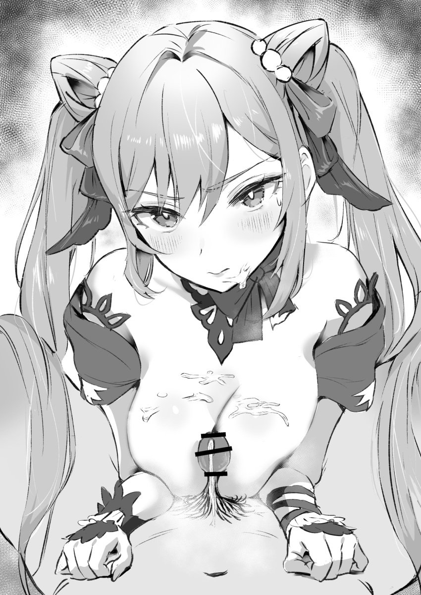 1boy bar_censor blush breasts censored closed_mouth cone_hair_bun cum cum_on_body cum_on_breasts detached_sleeves facial female genshin_impact greyscale hair_between_eyes hair_bun highres keqing_(genshin_impact) keqing_(opulent_splendor)_(genshin_impact) large_breasts light-skinned_female long_hair looking_at_viewer monochrome official_alternate_costume paizuri penis pov solo_focus straight sukoyaka93 twintails