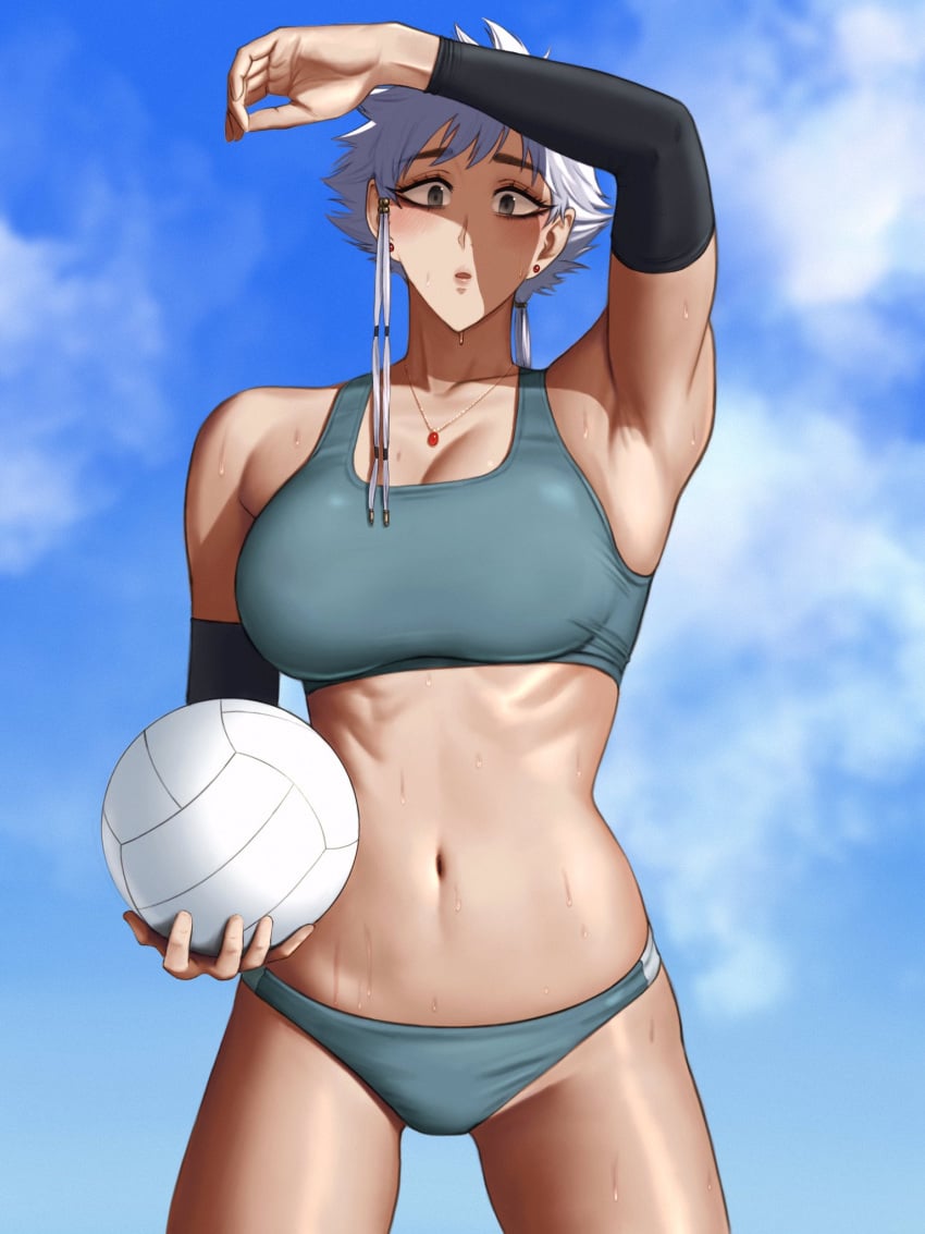 1girls alternate_costume arm_up arm_warmers armpits ball black_eyes bleach blue_bra blue_panties blue_sky blush bra breasts cleavage cloud cloudy_sky collarbone commentary cowboy_shot day ear_piercing english_commentary eyelashes female female_only fully_clothed highres hihizaru_badass holding holding_ball jewelry kotetsu_isane large_breasts lips looking_at_viewer navel necklace outdoors panties parted_lips piercing ribs shading_eyes short_hair_with_long_locks sky solo spiked_hair sports_bra standing stomach sweat toned underwear volleyball white_hair