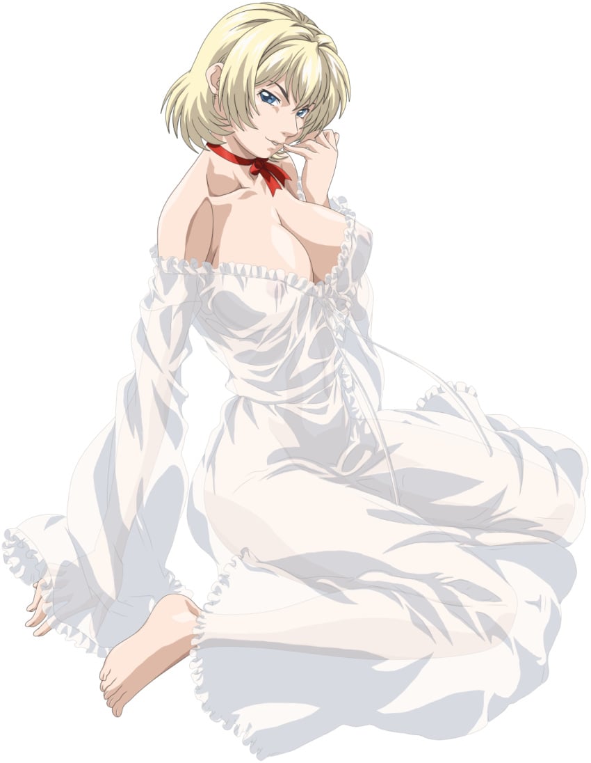 1girls bible_black big_breasts blonde_hair busty feet green_eyes jody_crowley large_breasts legs looking_at_viewer necklace nipples nude pale_skin parted_lips seductive seductive_smile shin_bible_black sitting thighs voluptuous white_dress