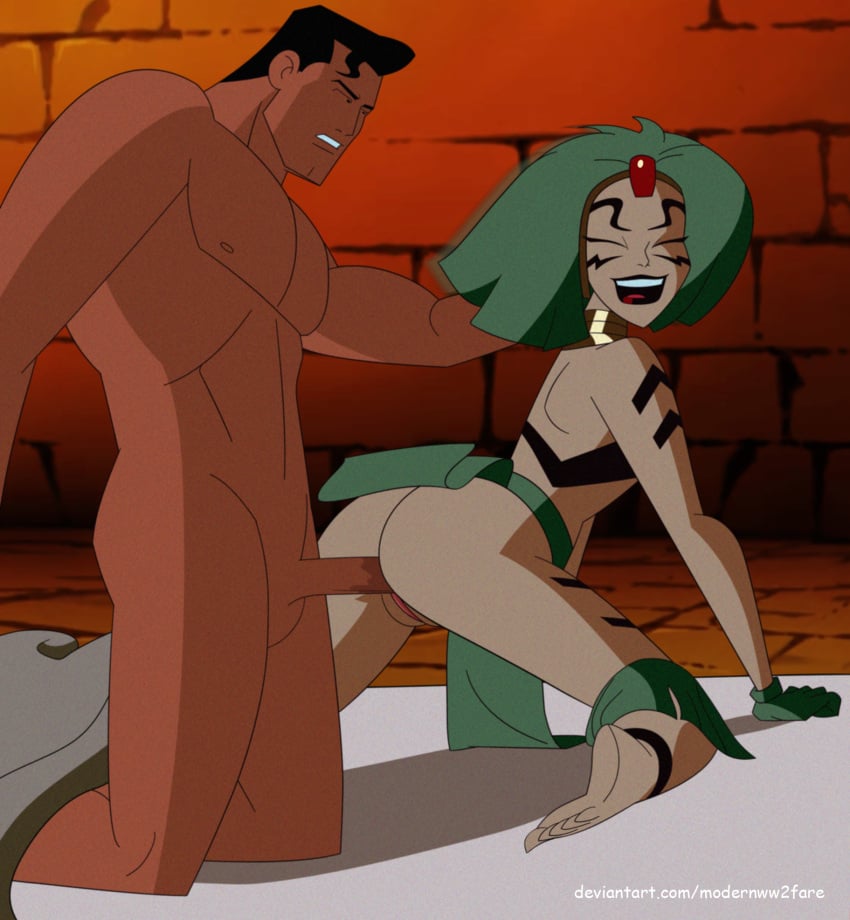 1boy 1girls accurate_art_style anal anal_penetration bed black_lipstick clothing dc_comics dcau doggy_style eyes_closed face_markings feet gloves green_hair green_skin headwear jewelry labia looking_back mad_harriet modernww2fare motion_blur muscular_male orgasm pussy skirt skirt_lift smile superman superman:_the_animated_series superman_(series) tattoo testicles