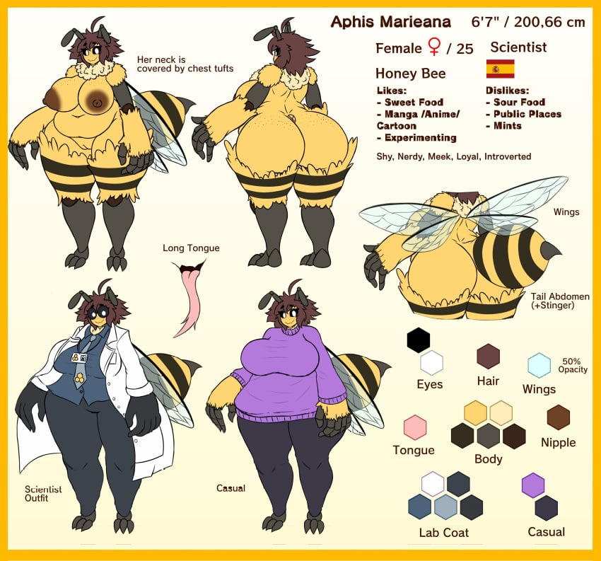 aphis_(bepinips) bee bee_girl bepinips big_breasts brown_hair female female_only furry huge_ass model_sheet yellow_body