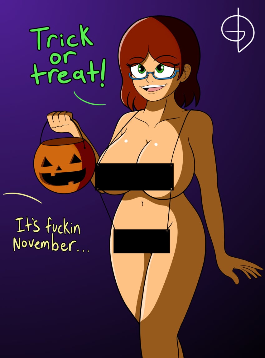 1girls alma_garcia big_breasts blue_glasses breasts brown_hair casual censor_bar censor_bar_clothing censored cleavage costume dark_skin exhibitionism exhibitionist female female_focus female_only functionally_nude functionally_nude_female glasses graciousdegenerate halloween halloween_costume halloween_pumpkin halloween_theme human large_breasts nairod103098 naked naked_costume naked_female navel nude nude_female oc original original_character pale_skin practically_nude precarious_clothing public short_hair skimpy skimpy_costume solo