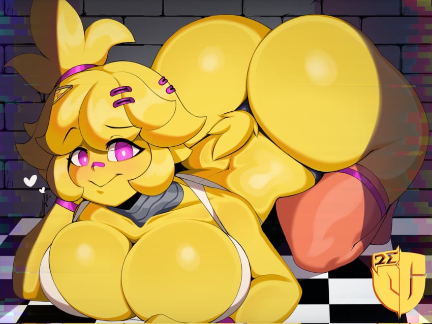 1girls ass breast_squish cally3d chica_(cally3d) chica_(fnaf) chiku chiku_(cryptia) clazzey cryptiacurves face_down_ass_up fazclaire's_nightclub female five_nights_at_freddy's fnaf fredina's_nightclub front_view hair_ornament heart huge_ass huge_breasts igxxiii pink_eyes scottgames stockings tagme yellow_body