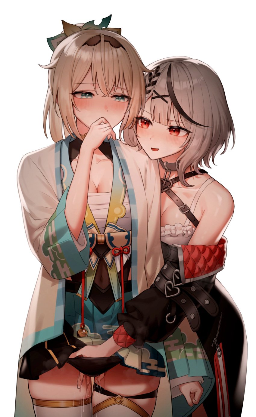 2girls absurdres bangs black_hair black_jacket black_panties blonde_hair blunt_bangs blush braid breasts camisole chest_sarashi choker cleavage clothes_lift covered_navel covering_mouth crossed_bangs embarrassed fingering green_eyes green_skirt grey_hair hair_between_eyes hair_ornament haori heart heart_choker highres hololive hololive_japan holox jacket japanese_clothes kazama_iroha leaf_hair_ornament lifted_by_another long_hair looking_at_another medium_breasts multicolored_hair multiple_girls off-shoulder_jacket off_shoulder open_mouth panties pleated_skirt ponytail pussy_juice red_eyes sakamata_chloe sarashi short_hair shrug_(clothing) skirt skirt_lift smile streaked_hair thighhighs underwear virtual_youtuber white_background white_camisole white_thighhighs x_hair_ornament yareen yuri