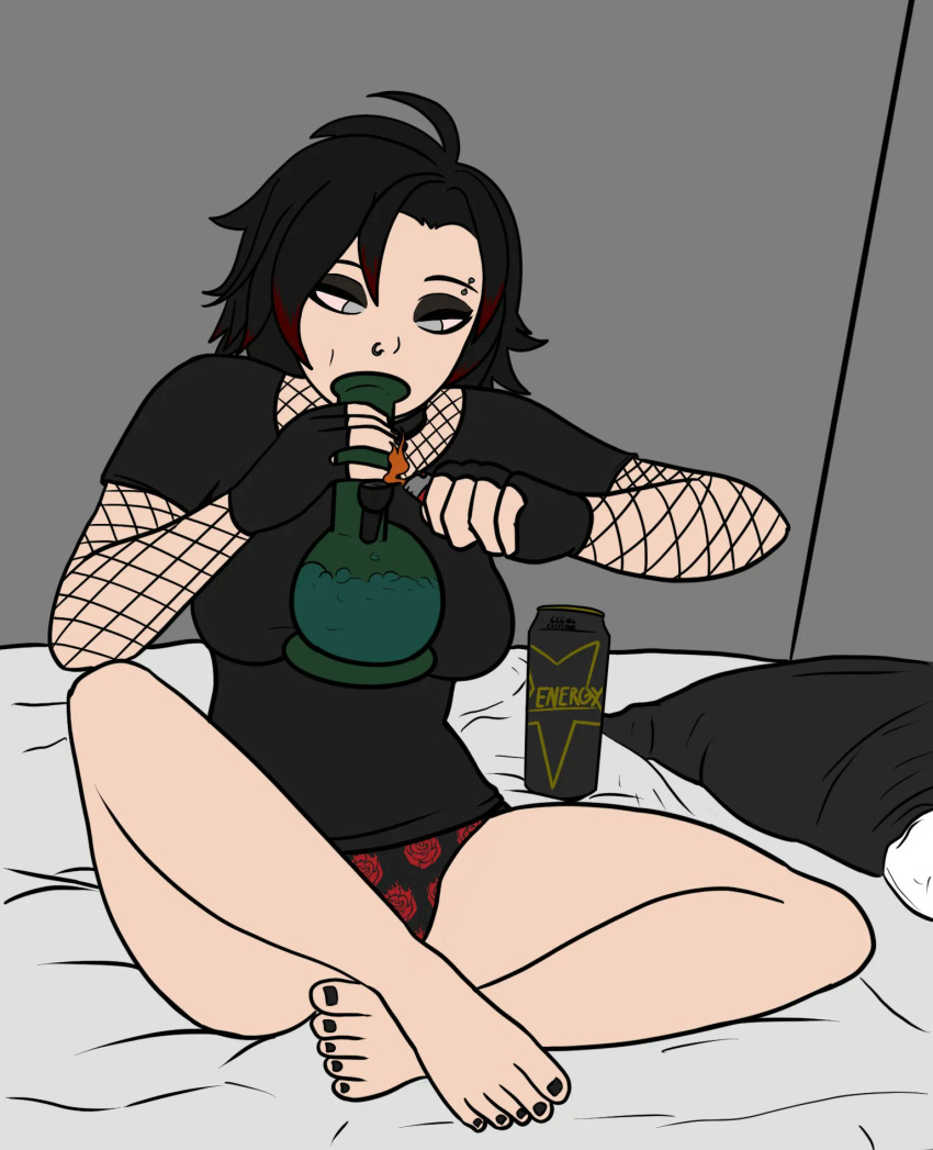 1girls black_toenails bong drugs eyebrow_piercing goth goth_girl nose_piercing piercing ruby_rose rwby short_hair soundwaveslut tagme weed