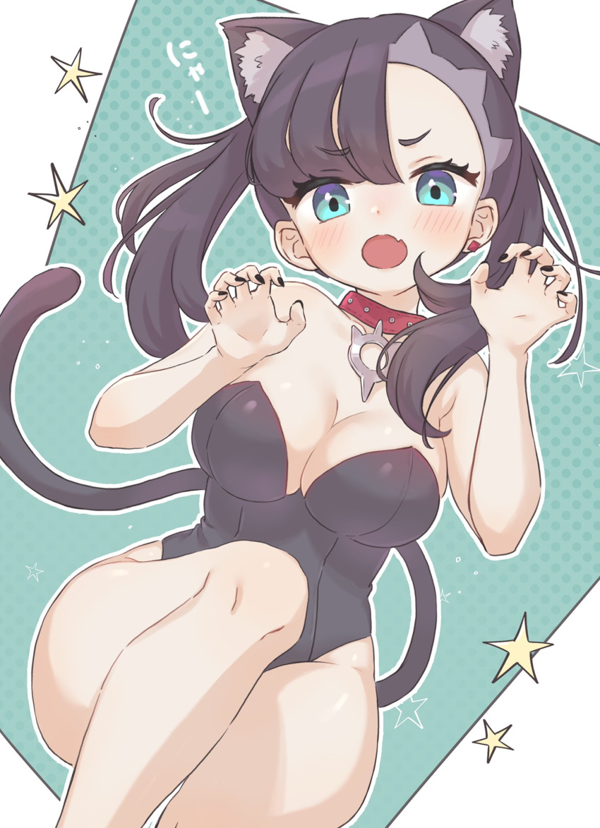 1girls black_hair black_leotard blue_eyes breasts cat_ears cat_tail catgirl collar earrings large_breasts leotard marnie_(pokemon) n2ewu nintendo painted_fingernails pokemon pokemon_ss red_collar strapless strapless_leotard twintails