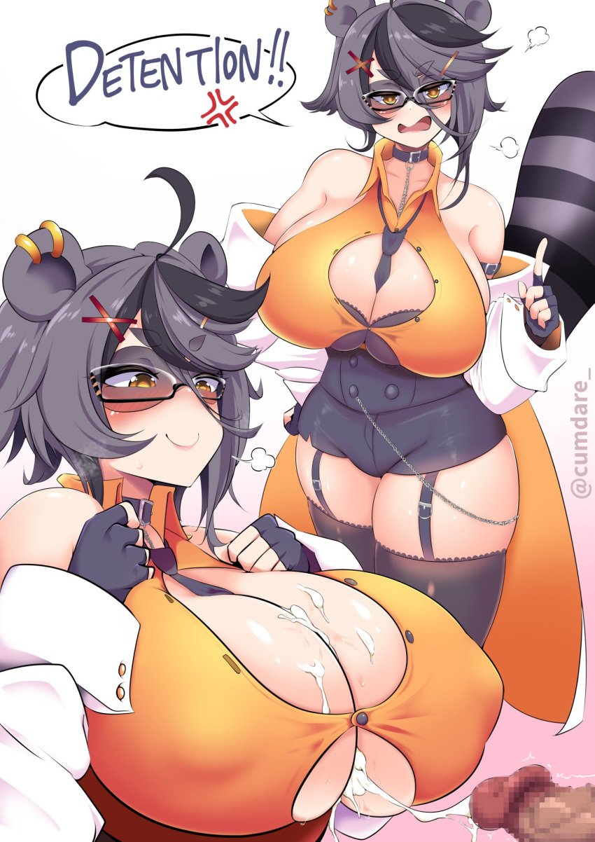 after_sex angry animal_ears black_hair blush bodily_fluids breast_play breasts censored collar cum cum_on_breasts cumdare duo ear_piercing eyewear female garter_straps genital_fluids genitals glasses grey_hair happy highres huge_breasts humanoid indie_virtual_youtuber large_breasts male mammal mammal_humanoid multicolored_hair open_mouth paizuri penis piercing raccoon_ears sex short_hair simple_background snuffy speech_bubble stockings straight teacher text two_tone_hair virtual_youtuber vtuber