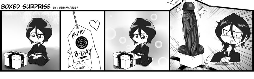 1girls before_sex big_dildo birthday birthday_gift black_hair bleach chibi female female_only funny gift gift_box happy_birthday himawari humor kimono kneeling kuchiki_rukia long_hair looking_at_dildo looking_at_object looking_at_sex_toy monochrome on_knees petite petite_body robe seiza sex_toy shock shocked solo surprise surprised wafuku wide_image widescreen