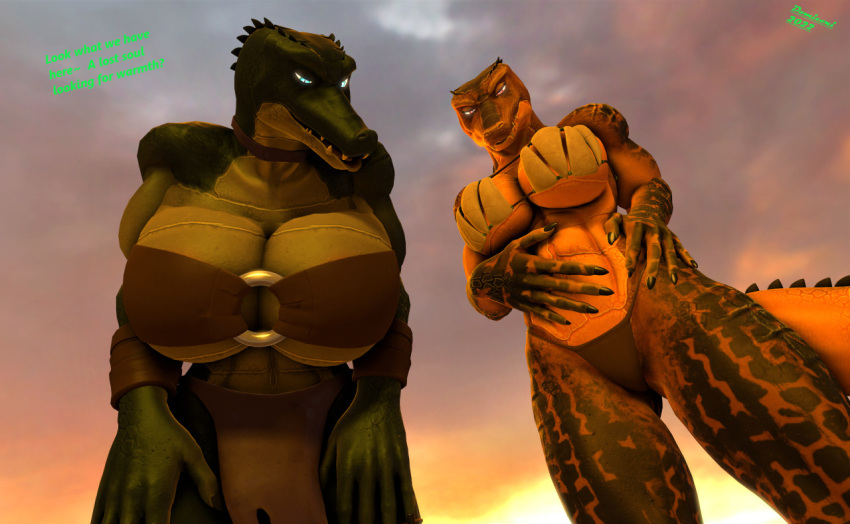 3d_(artwork) anthro big_breasts bra breasts cleavage clothed clothing crocodile_(petruz) crocodilian digital_media_(artwork) domizoni duo female female_focus looking_at_viewer reptile scalie sky source_filmmaker text topwear tribal underwear