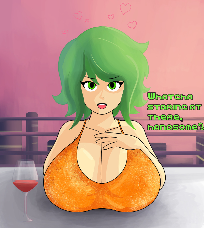 1girls 20xxtrilogy anthnsfw banillansfw big_breasts breasts female female_focus female_only green_eyes green_hair gumi looking_at_viewer megpoid megpoid_gumi outdoors shiny_clothes shiny_dress sunset text vocaloid wine wine_glass