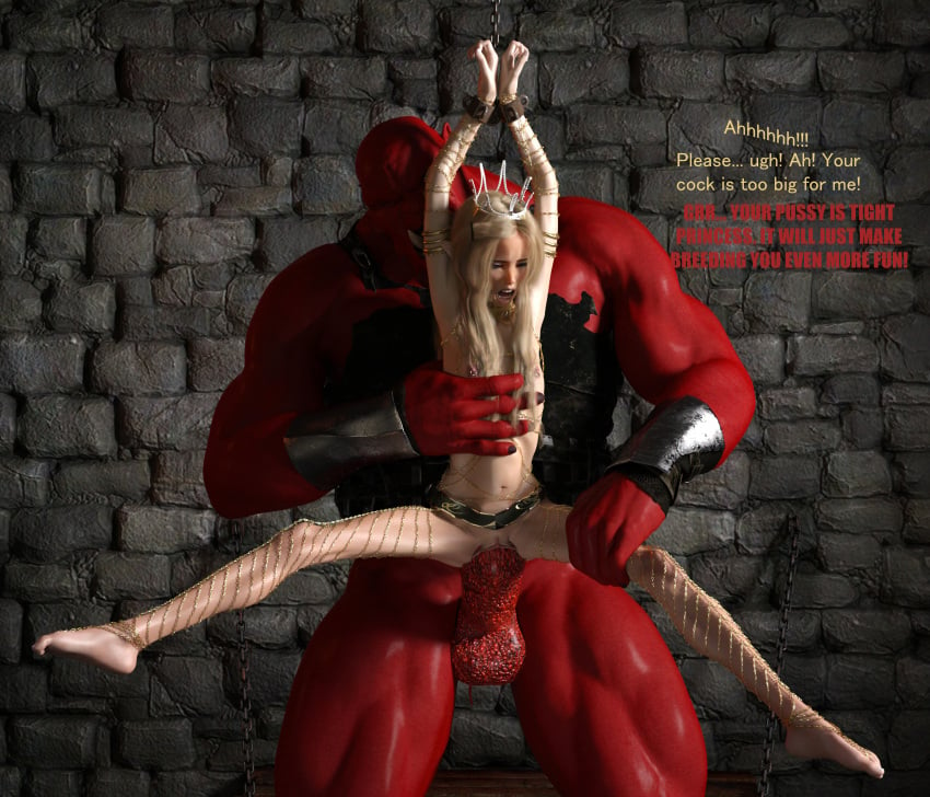 1boy 1girls 3d anal arms_above_head arms_up begging begging_for_mercy big_dom_small_sub blonde_hair body_chains bondage bound bound_wrists bulge captured chains cocksleeve dialogue elf elf_female english_dialogue english_text enslaved_royal female larger_male male orc original_character penetration pierced_nipples piercing princess pussy rape ridiculous_fit scared sex_slave size_difference slave slave_collar slavegirl small_breasts smaller_female stomach_bulge that3dartist tied_up torso_grab vanora