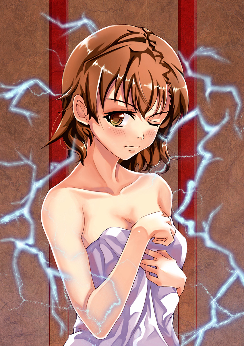 10s 1girls 2013 bare_shoulders biribiri breasts brown_eyes brown_hair cleavage collarbone covering electricity electrokinesis female hi_res looking_at_viewer matching_hair/eyes misaka_mikoto naked_towel nude nude_female one_eye_closed sardonyx short_hair simple_background small_breasts solo standing teenage_girl teenager to_aru_kagaku_no_railgun to_aru_majutsu_no_index towel upper_body young