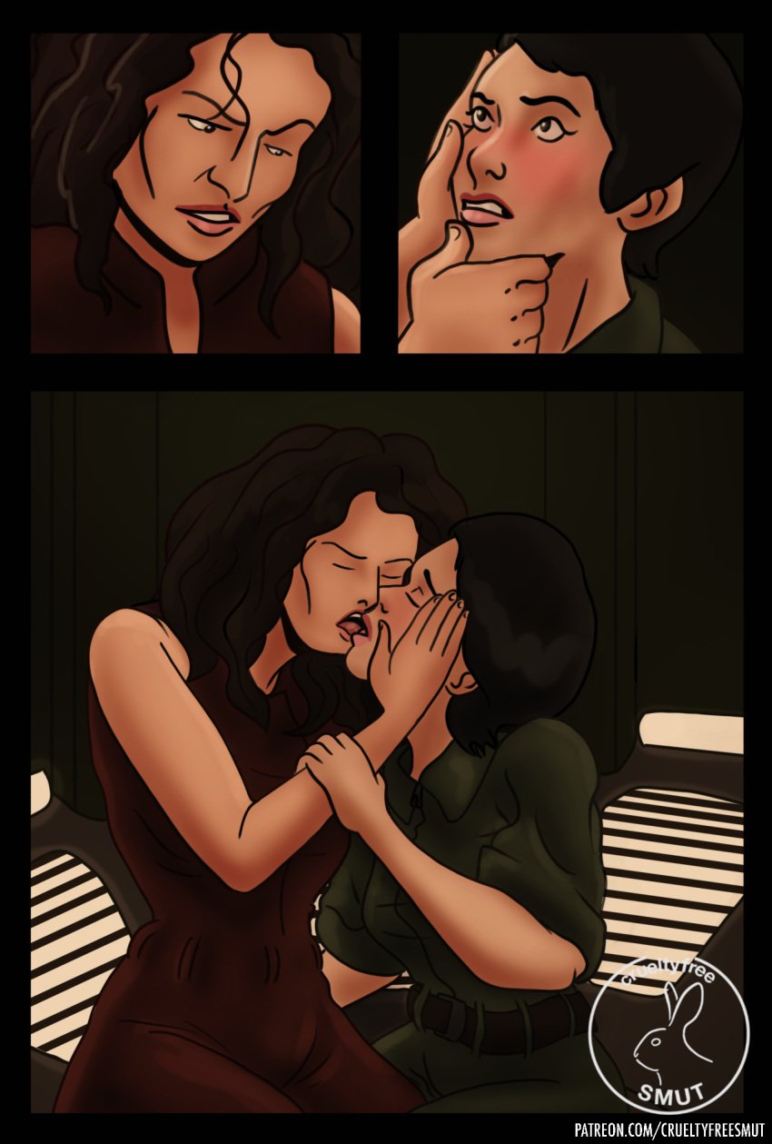 2girls alien:_resurrection alien:_resurrection_(1997) alien_(franchise) ambiguous_consent annalee_call brown_hair clothed_female clothing comic comic_page crueltyfreesmut dubious_consent ellen_ripley female female_only foreplay hand_on_face holding_arm holding_face jumpsuit kissing lesbian_kiss light-skinned_female light_skin medium_hair short_hair yuri