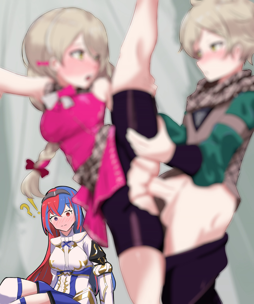 !? 1boy 2girls ?! against_wall alear_(female)_(fire_emblem) alear_(fire_emblem) arm_support bangs blonde_hair blue_eyes blue_hair blush braided_ponytail breasts brother_and_sister brown_hair clanne_(fire_emblem) crossed_bangs crotch_cutout female femboy femboy_on_female fire_emblem fire_emblem_engage framme_(fire_emblem) hetero heterochromia highres incest leg_grab leg_lift long_hair looking_at_another male medium_breasts multicolored_hair multiple_girls nintendo open_mouth pelvic_curtain penis ponytail pussy red_eyes red_hair sex shincito shocked short_hair shorts siblings sitting split-color_hair splits spread_legs standing standing_on_one_leg standing_sex torn_clothes vaginal vaginal_penetration vertical_splits voyeur yellow_eyes