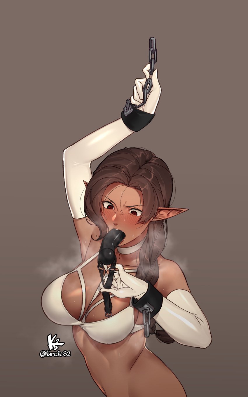 1girls absurdres artist_name ball_gag black_dildo blush bondage bra braid breasts broken broken_chain brown_background brown_eyes brown_hair chain chains choker cleavage cuffs dark-skinned_female dark_elf dark_skin dildo dildo_gag dildo_in_mouth dildo_reveal elbow_gloves elf elf_female female_only femsub from_above gag gag_removed gagged gloves highres k52 long_hair medium_breasts one_eye_closed original pointy_ears red_eyes simple_background single_braid solo underwear white_bra white_choker white_gloves wrist_cuffs