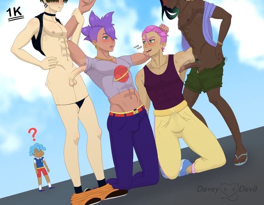 armpits being_watched black_skin blue_eyes blue_hair clothed clothed_sex clothing dark_skin davey_devil erection gay green_eyes ian_cook male male_only original_character patrick_salas pink_hair public public_sex purple_hair smegma smell sweat thong yaoi